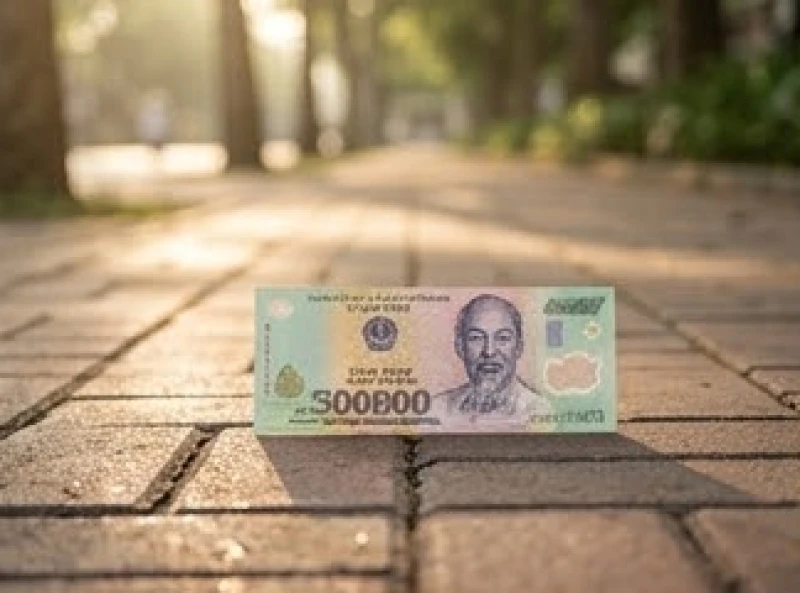 Tờ tiền rơi trên lối đi lát gạch báo hiệu cơ hội thăng tiến hoặc điềm may mắn trong công việc kinh doanh