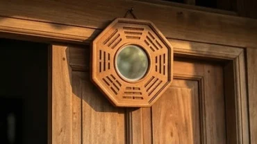 Gương tiên thiên bát quái bằng gỗ tràm chuẩn phong thủy treo trước cửa chính ngôi nhà