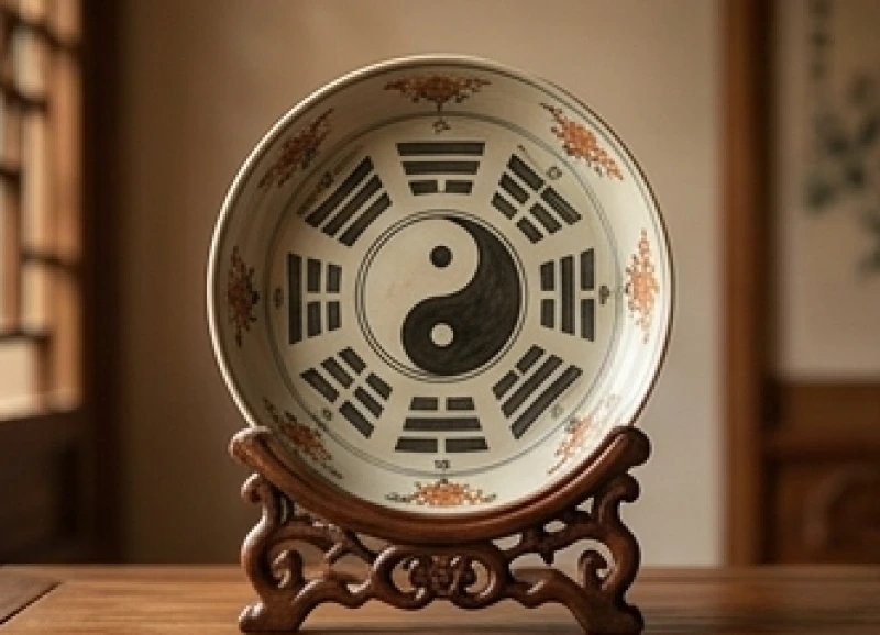 Bát Quái Là Gì: Nguồn Gốc, Quy Luật 8 Quẻ Và Ứng Dụng Phong Thủy 4 Sơ đồ đồ hình Tiên Thiên Bát Quái được in trên một chiếc đĩa gốm sứ phong thủy cổ