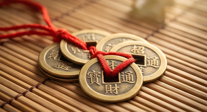 Mơ thấy tiền xu: Ý nghĩa phong thủy và điềm báo tài lộc 3 Chuỗi tiền xu cổ lỗ vuông được xâu lại bằng sợi chỉ đỏ may mắn