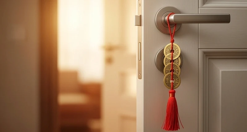 Tài Lộc Tuổi Sửu: Phương Pháp Chiêu Tài Chi Tiết Từng Năm Sinh 13 Xâu 6 đồng tiền xu Càn Long buộc chỉ đỏ được treo cẩn thận trên tay nắm cửa chính