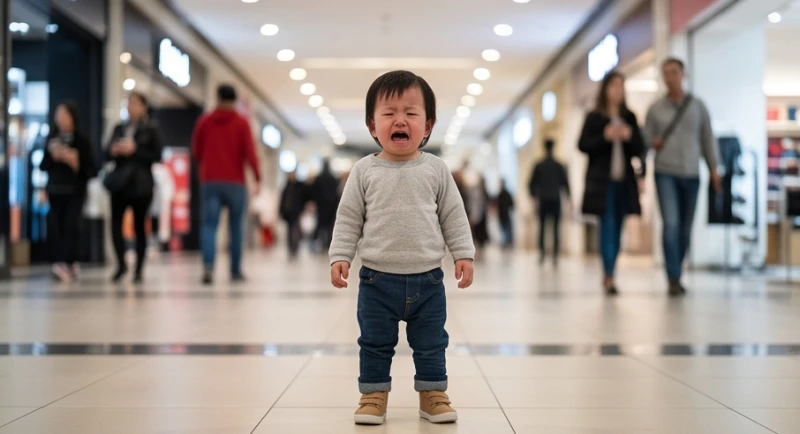 Mơ bị lạc mất con: Giải mã điềm báo giới tính và số may mắn 6 Em bé nhỏ đang khóc nức nở một mình giữa lối đi của khu trung tâm mua sắm rộng lớn