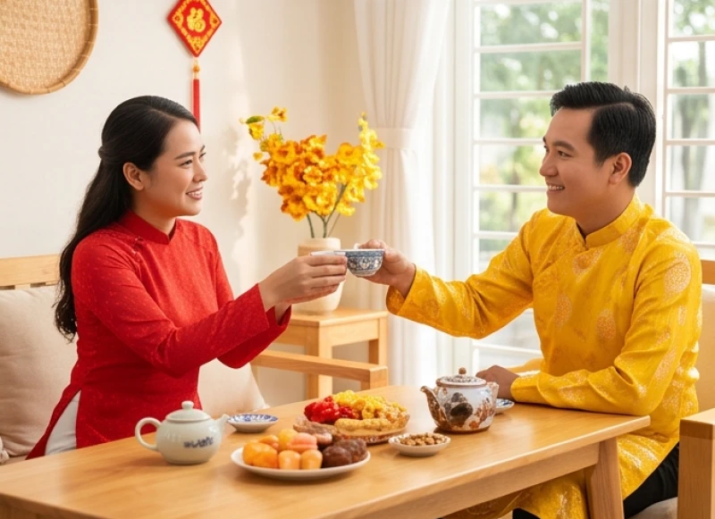Chủ nhà và vị khách đầu tiên cùng nâng ly trà ấm nóng chúc mừng năm mới trong không khí hân hoan