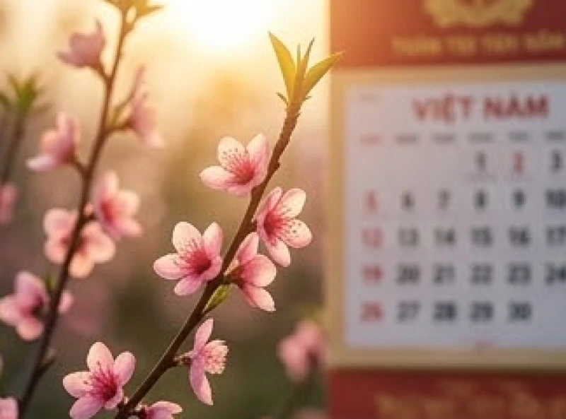 Cành hoa đào nở rộ đón nắng xuân bên cạnh một cuốn lịch vạn niên cổ