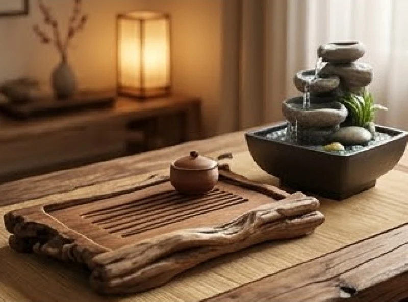 Tuổi Thìn mệnh gì: tra cứu nạp âm và quy tắc hóa giải 4 Khay trà gỗ lũa tự nhiên bên cạnh thác nước phong thủy mini để bàn thanh tịnh