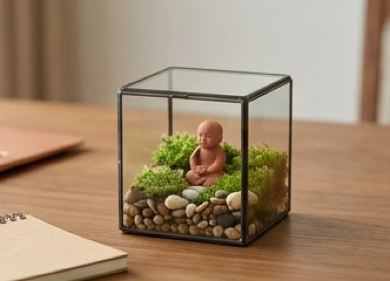 Tiểu cảnh phong thủy mini với tượng nhỏ và cây xanh trang trí góc làm việc