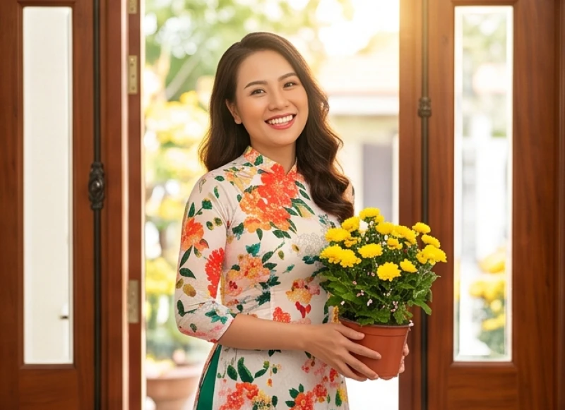 Một người phụ nữ khỏe mạnh rạng rỡ bước vào nhà ngày mùng 1 mang theo luồng sinh khí tươi mới