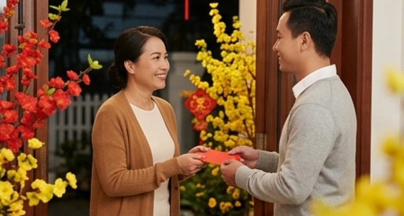 Gia chủ tuổi Dậu chọn người xông đất năm 2027: Phân tách nạp âm 1 Gia chủ và người khách xông nhà tươi cười chúc Tết trong không gian ngập tràn sắc xuân