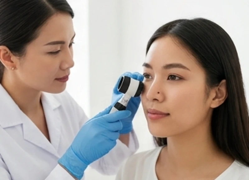 Nốt ruồi ở mũi bên trái nữ: Luận giải từng vị trí & màu sắc 9 Bác sĩ da liễu đang soi khám và tư vấn cho khách hàng về nốt ruồi ở mũi bên trái nữ trước khi quyết định tẩy bỏ