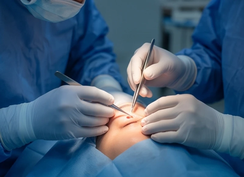 Bác sĩ tiến hành tiểu phẫu cắt bóc nốt ruồi lớn ở mi mắt bằng các dụng cụ vi phẫu chuyên dụng