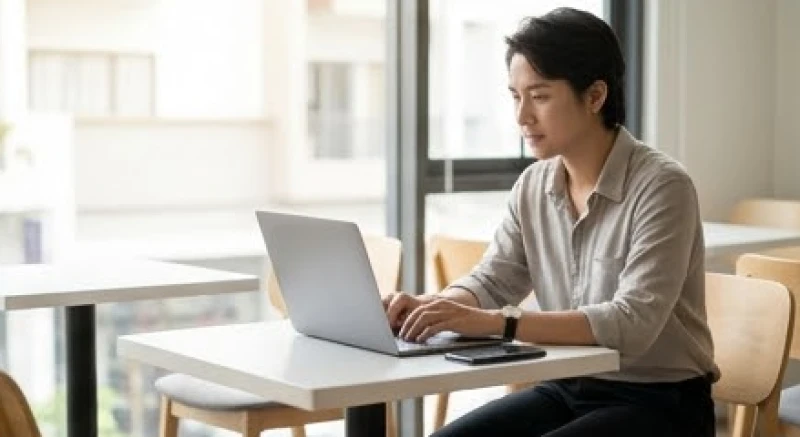 Mơ thấy đi xin việc: Giải mã điềm báo & hướng xử lý thực tế 5 Một người đang ngồi tra cứu các cơ hội việc làm mới trên máy tính tại một quán cà phê hiện đại