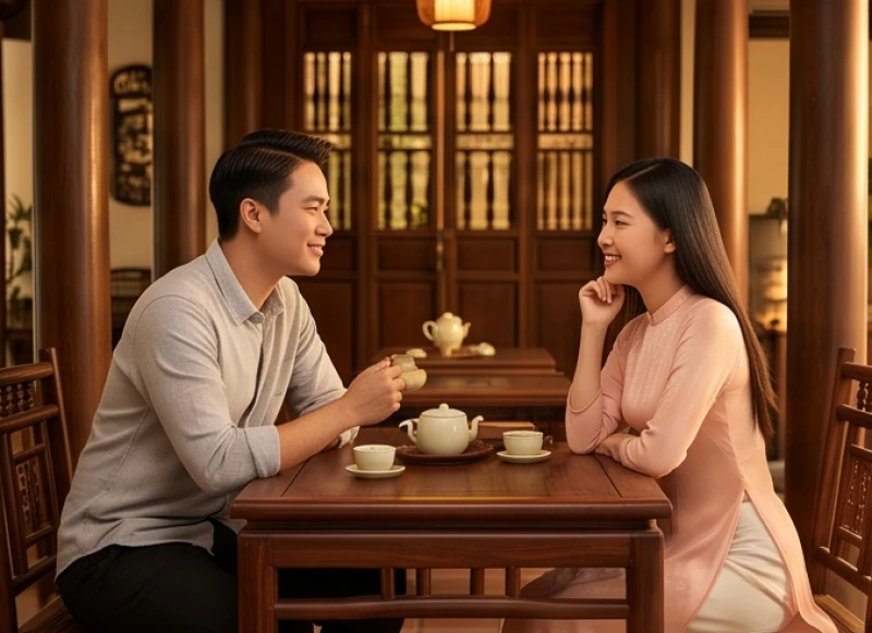 Tình duyên tuổi Dậu năm 2026: Lá số nam nữ và các tuổi hợp 4 Nam giới và nữ giới đang vui vẻ trò chuyện tìm hiểu nhau tại một không gian quán trà cổ điển