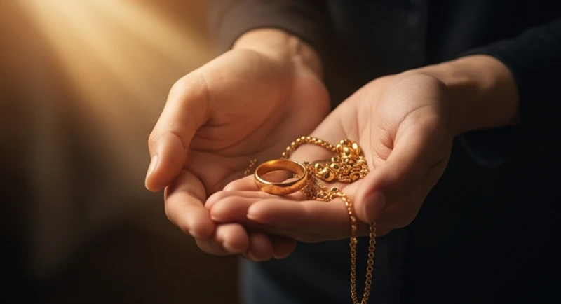 Mơ thấy mất vàng là điềm gì: Luận giải kịch bản & bộ số may mắn 5 Đôi bàn tay nâng niu chiếc nhẫn và sợi dây chuyền vàng vừa được tìm thấy dưới ánh sáng vàng ấm áp