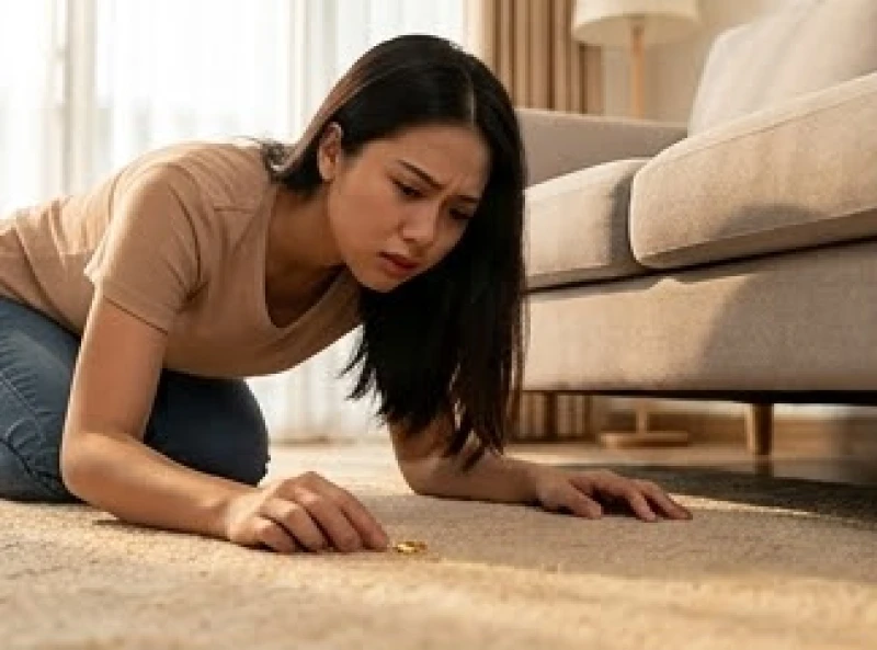 Mất nhẫn vàng là điềm gì: Mẹo tìm kiếm và quy tắc hóa giải 1 Người phụ nữ đang cúi tìm chiếc nhẫn vàng bị rơi dưới gầm thảm phòng khách nhà mình
