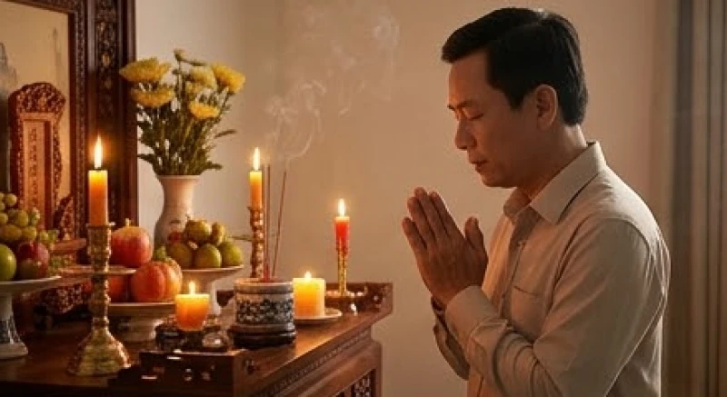 Cách ghi tên người khấn đúng chuẩn nghi thức: Công thức điền mẫu sớ 1 Người đàn ông trong vai trò Tín chủ đang đứng trang nghiêm chắp tay đọc văn khấn trước ban thờ gia tiên