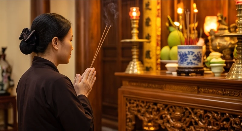 Văn khấn ngày tiệc Mẫu Đông Cuông: Bài cúng chuẩn danh xưng 6 Tín chủ chắp tay thành tâm đọc văn khấn ngày tiệc Mẫu Đông Cuông trước ban Tam Tòa Thánh Mẫu