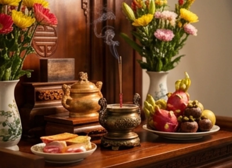 Bàn thờ gỗ truyền thống bày mâm lễ vật với khói hương nghi ngút thể hiện tín ngưỡng tâm linh cổ truyền
