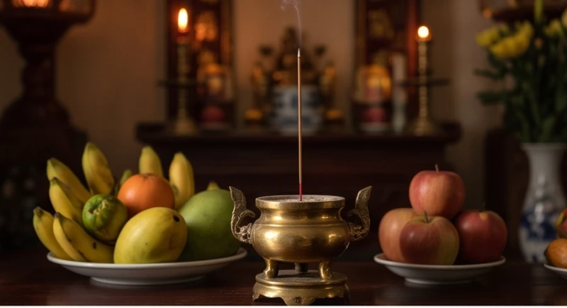 Bàn thờ gia tiên truyền thống với mâm quả và lư hương đang cháy đỏ