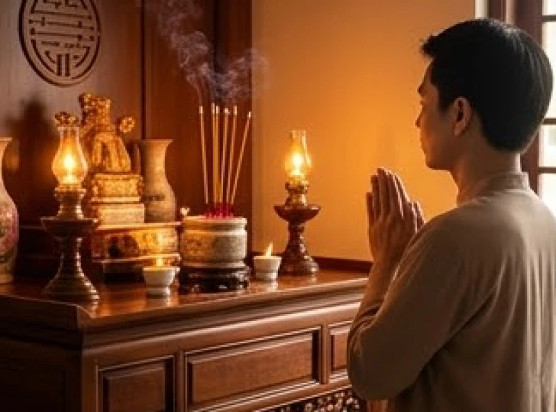 Gia chủ thành tâm chắp tay đọc văn khấn tạ lễ Bà Bổn Mạng trước bàn thờ trang nghiêm