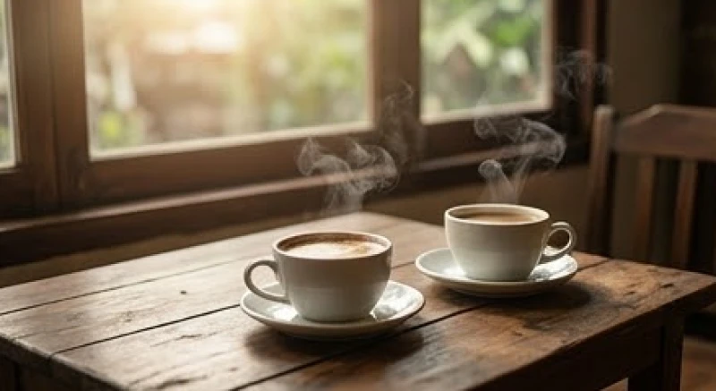 Mơ thấy bạn thân chết: Giải mã tâm lý và cách xử lý thực tế 7 Hai ly cà phê nóng đặt trên chiếc bàn gỗ nhỏ dưới ánh nắng ban mai, báo hiệu một cuộc hẹn hò hàn huyên