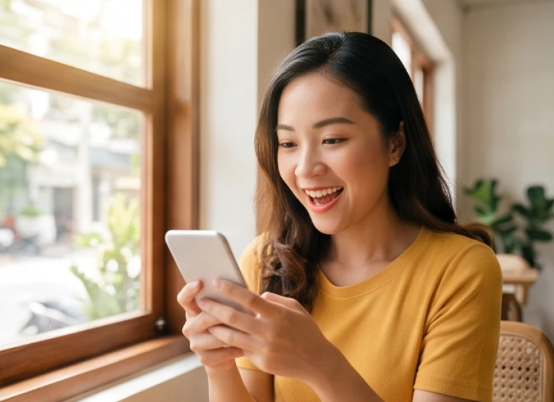 Môi giật là điềm gì: Bảng tra cứu 12 khung giờ và y khoa 6 Người phụ nữ mỉm cười rạng rỡ khi đọc tin nhắn trên điện thoại di động vào buổi chiều