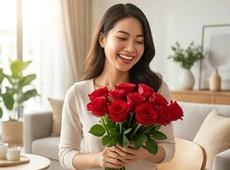Nhảy mũi ở nữ là điềm gì: Tra cứu theo giờ và phân biệt nam nữ 5 Người phụ nữ tươi tắn ôm bó hoa hồng tươi rực rỡ, tượng trưng cho niềm vui tình cảm