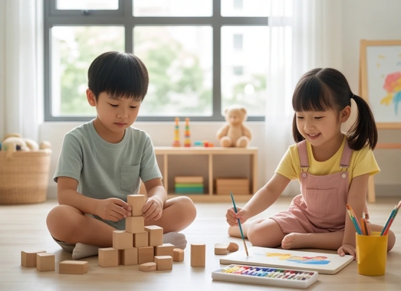 Bé trai trầm ổn và bé gái lanh lợi sinh năm Bính Thân đang chơi đồ chơi sáng tạo