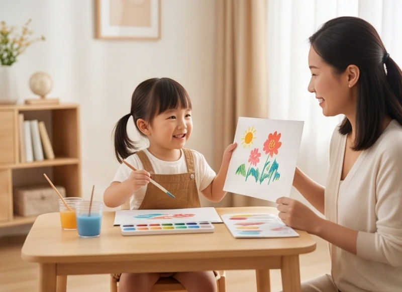 Bé gái vui vẻ vẽ tranh cùng mẹ trong phòng khách với nụ cười rạng rỡ và ánh mắt thông minh