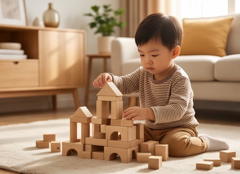 Bé trai đang tập trung xếp các khối gỗ logic trong không gian ngập tràn ánh sáng tự nhiên