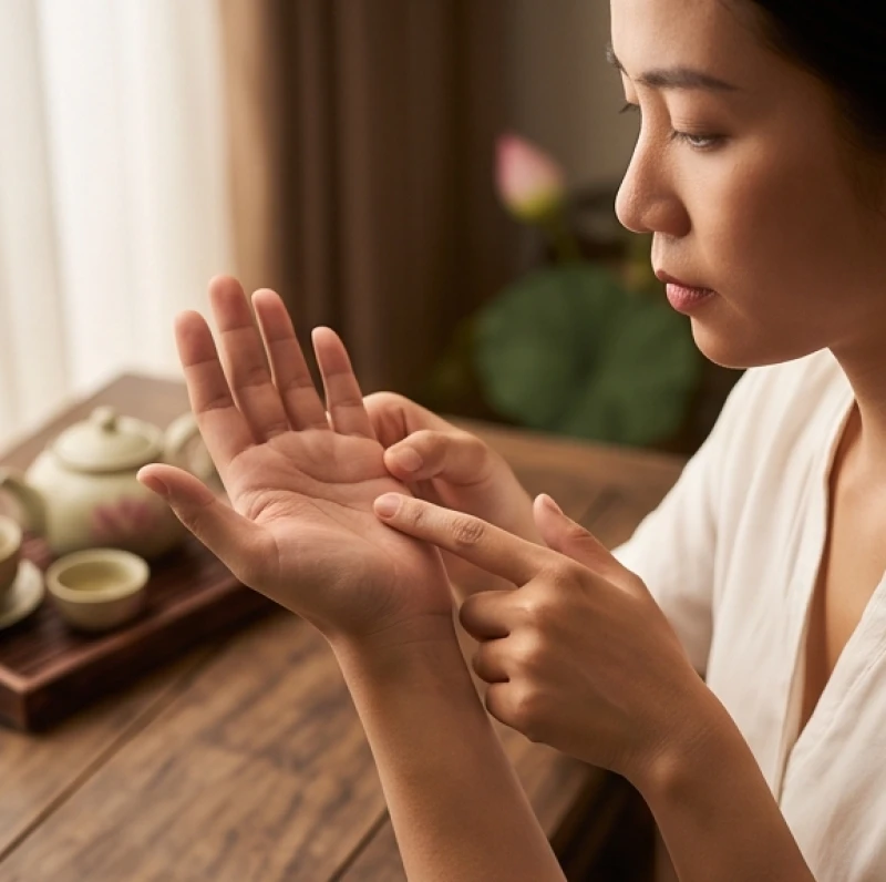 Đường trí đạo dính đường sinh mệnh: Ý nghĩa và mốc đo chuẩn xác 2 Người đang trầm ngâm suy nghĩ khi nhìn vào đường chỉ tay của mình để tự đánh giá