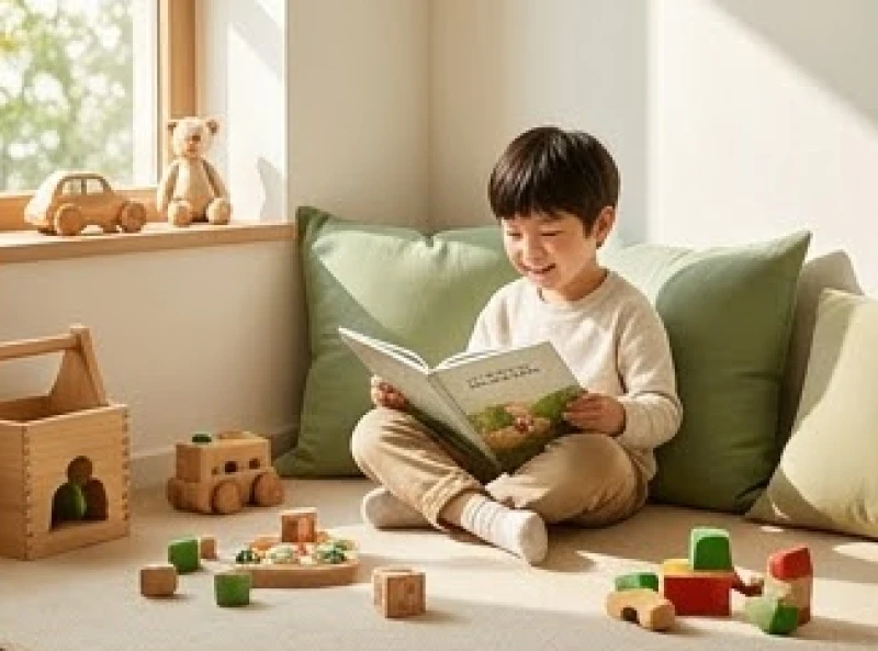 Em bé vui vẻ ngồi đọc sách trong không gian chan hòa ánh sáng tự nhiên thể hiện năng lượng Sơn Hạ Hỏa