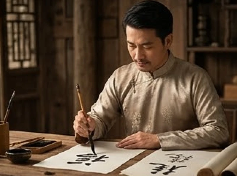 Tử Vi Tuổi Dần Trọn Đời: Đối Chiếu Nam Nữ & Phong Thủy Cải Vận 2 Người đàn ông mặc áo lụa truyền thống đang tập trung viết thư pháp trên giấy xuyến chỉ