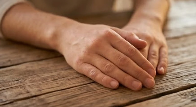 Bàn tay đặt ngay ngắn trên mặt bàn gỗ thể hiện sự điềm tĩnh và khả năng kiểm soát cảm xúc tốt