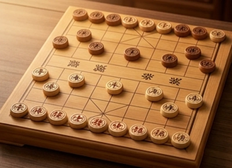 Bàn cờ tướng bằng gỗ quý với các quân cờ đang được sắp xếp thể hiện sự tính toán và tư duy chiến lược của nam tuổi Kỷ Sửu