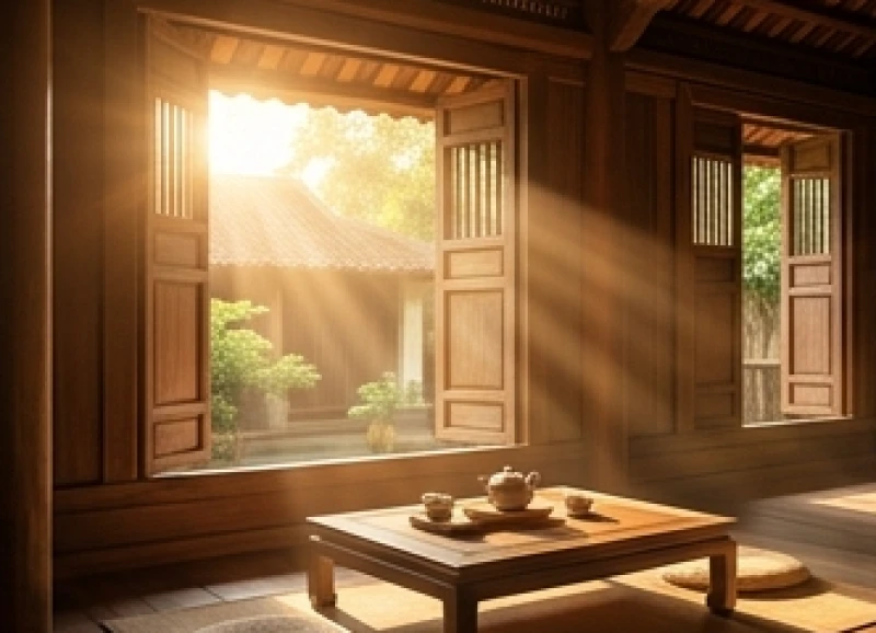 Ánh sáng mặt trời tràn ngập không gian nội thất mộc mạc mang theo nguồn năng lượng tích cực của bản mệnh Hỏa