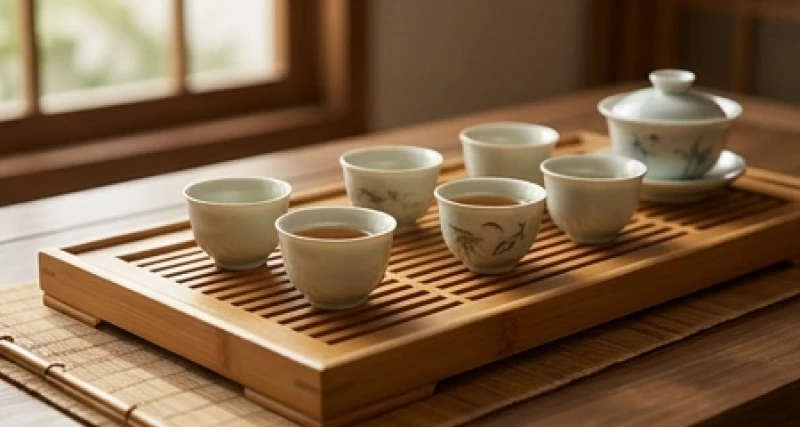 Không gian thưởng trà thanh tịnh với bộ ấm chén gốm sứ tinh xảo phản ánh lối sống điềm tĩnh