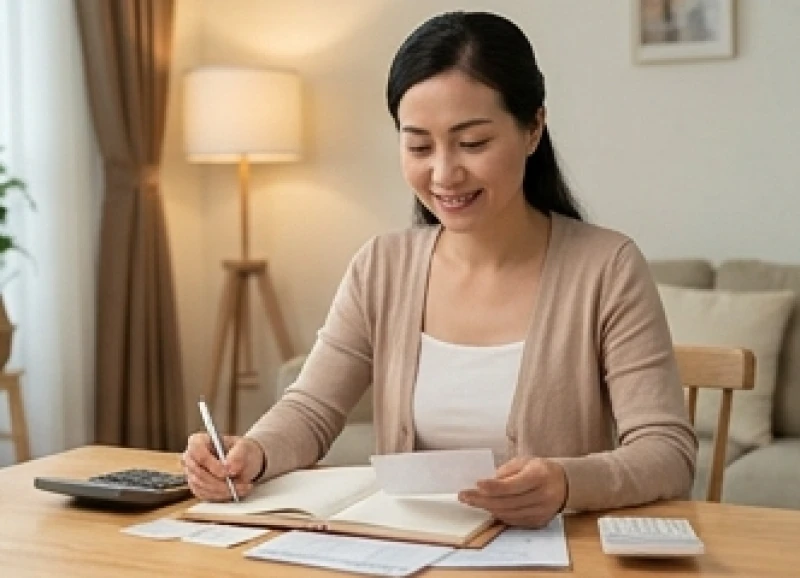 Người phụ nữ có tướng răng quặp điềm tĩnh đang ghi chép quản lý chi tiêu tài chính gia đình