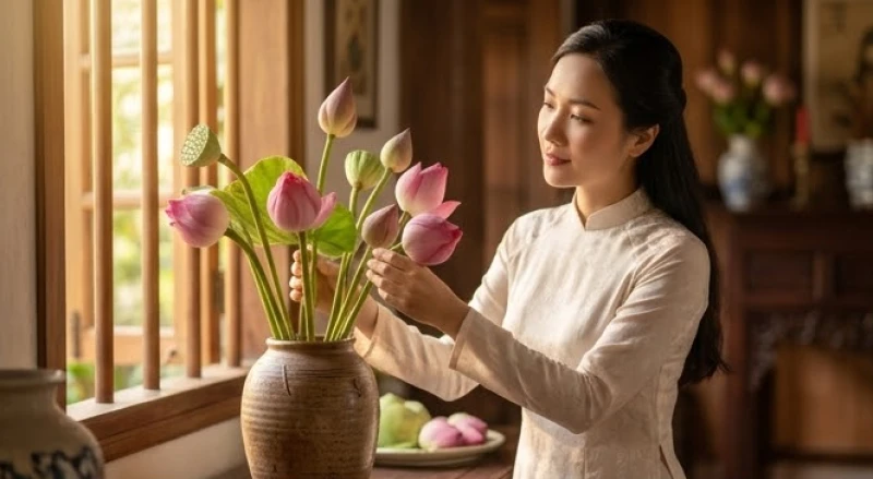 Tuổi Hợi hợp kết hôn với tuổi nào: Chọn bạn đời tránh phạm kỵ 12 Cô gái có vẻ mặt hiền từ đang cắm những bông hoa sen hồng vào chiếc bình gốm mộc mạc đặt trên chiếc bàn gỗ