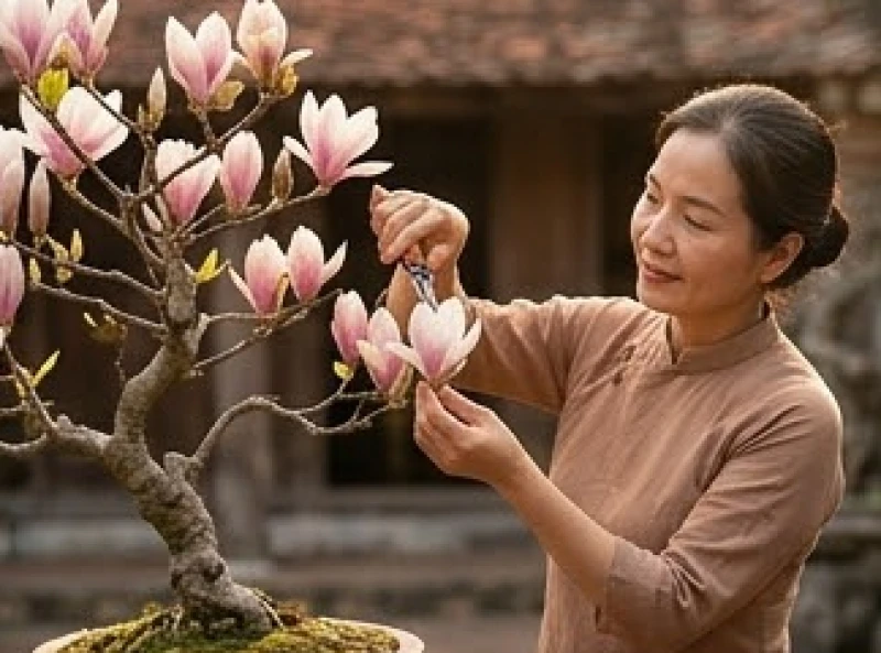 Tình duyên tuổi Mùi: Giải mã theo nạp âm và phong thủy hóa giải 2 Người phụ nữ tuổi Mùi dịu dàng chăm sóc hoa mộc lan trong không gian sân vườn mộc mạc