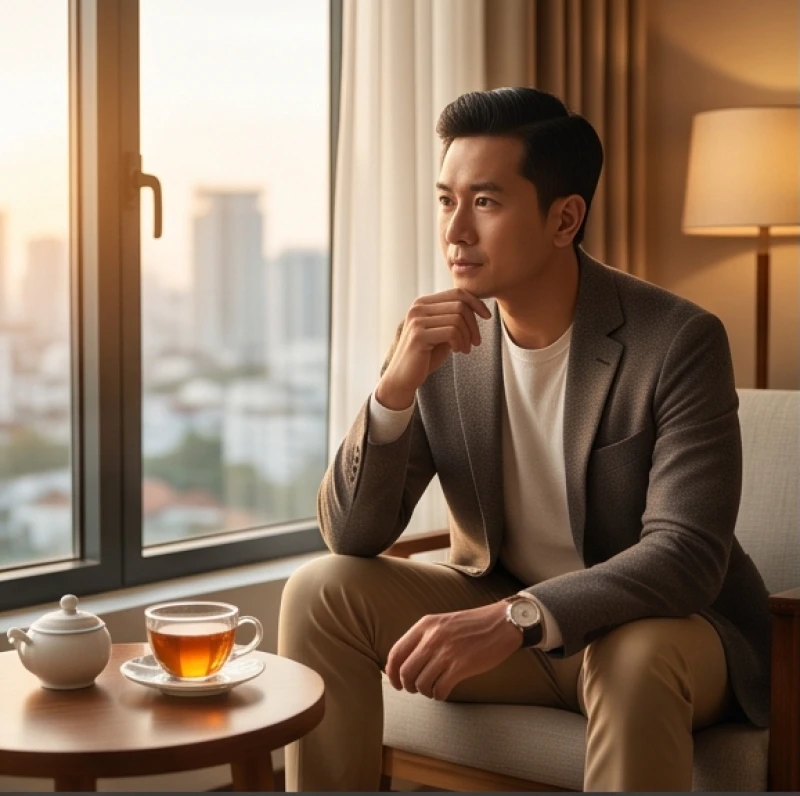 Tử vi tuổi Tỵ trọn đời: vận hạn từng năm và mốc vượng tài 1 Người đàn ông tuổi Tỵ trầm mặc suy nghĩ chiến lược kinh doanh bên tách trà