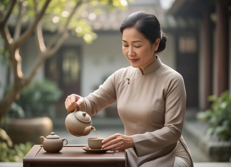 Người phụ nữ trung niên với nụ cười hiền hậu đang thưởng trà, thể hiện sự tĩnh tại và tinh tế
