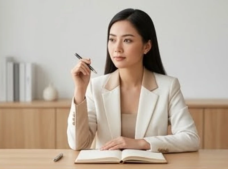 Nữ giới tuổi Tân Tỵ với vẻ mặt điềm tĩnh và tư duy sắc sảo đang ngồi phân tích công việc bên bàn làm việc