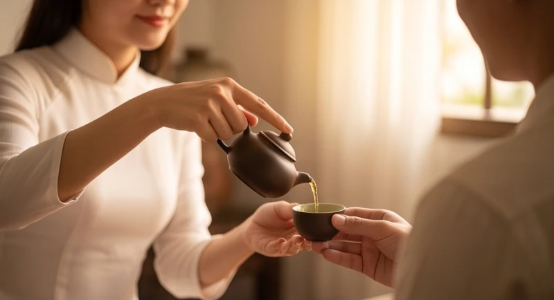 Người phụ nữ tỉ mỉ pha trà cho người bạn đời thể hiện sự chăm sóc gia đình đặc trưng của tuổi Tuất