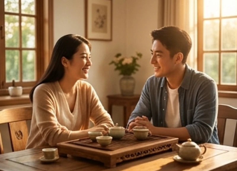 Một cặp vợ chồng trẻ đang cùng nhau trò chuyện vui vẻ bên bàn trà
