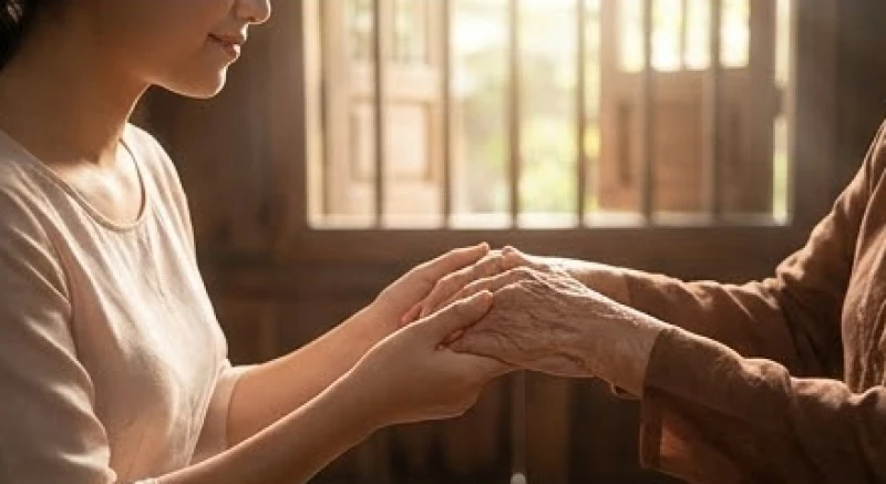 Mơ thấy bà nội đã mất hiện về: Điềm báo và lễ cúng cầu an 4 Hai bà cháu đang âu yếm nắm tay nhau dưới hiên nhà gỗ mộc mạc, thể hiện sự bao bọc vô điều kiện của tình thân thiêng liêng