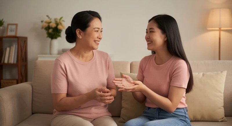 Hai mẹ con người Việt Nam vui vẻ trò chuyện trong phòng khách, phản ánh mối liên kết huyết thống sâu sắc qua giấc mơ