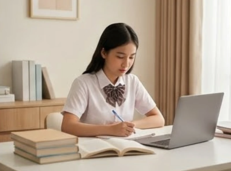 Tình duyên tuổi Hợi năm 2027: Lộ trình 12 tháng và phong thủy 6 Nữ sinh viên đang ngồi học bài tập trung trước bàn máy tính với những quyển sách xếp ngay ngắn