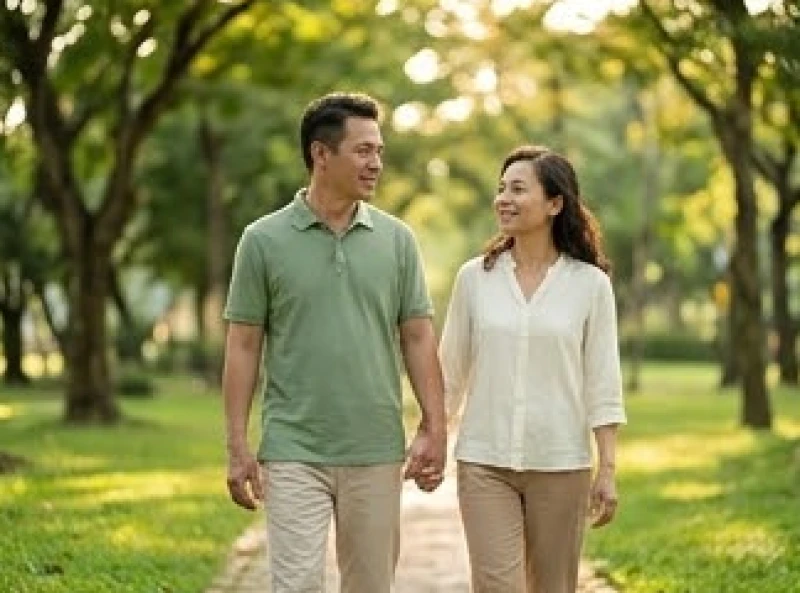Cặp vợ chồng trung niên thong thả đi dạo cùng nhau trong công viên xanh mát với phong thái bình yên