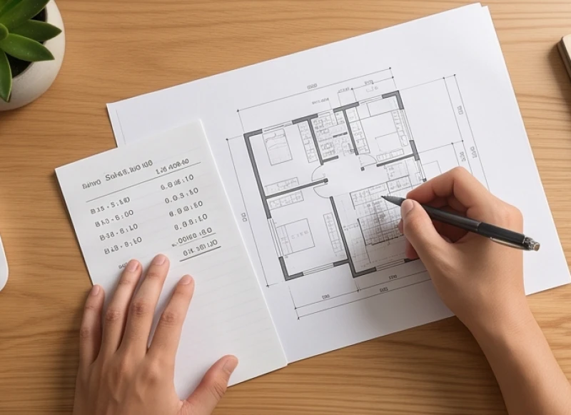 Bàn làm việc với giấy bút và bản vẽ mặt bằng nhà để tính toán chính xác Quái số phong thủy