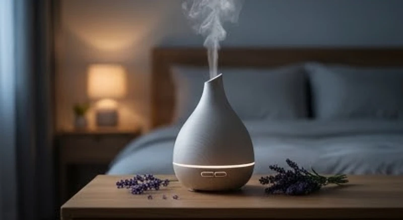 Máy khuếch tán tinh dầu hoa oải hương hoạt động trong không gian phòng ngủ có ánh sáng dịu nhẹ